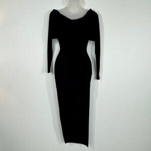 All Saints Evon Black Ruched Dress Sz XS Long Sleeve Boat Neck Side Slit